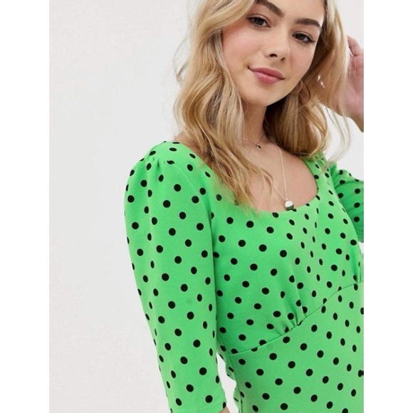 ASOS Green Polka Dot Mini Dress With Pep Hem - Picture 2 of 10